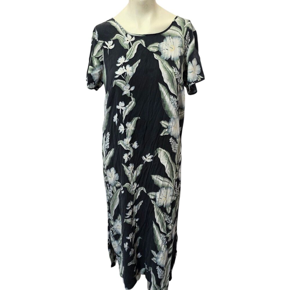 Paradise Originals 100% Silk Hawaiian Floral Maxi Dress XL Black Tropical Cruise